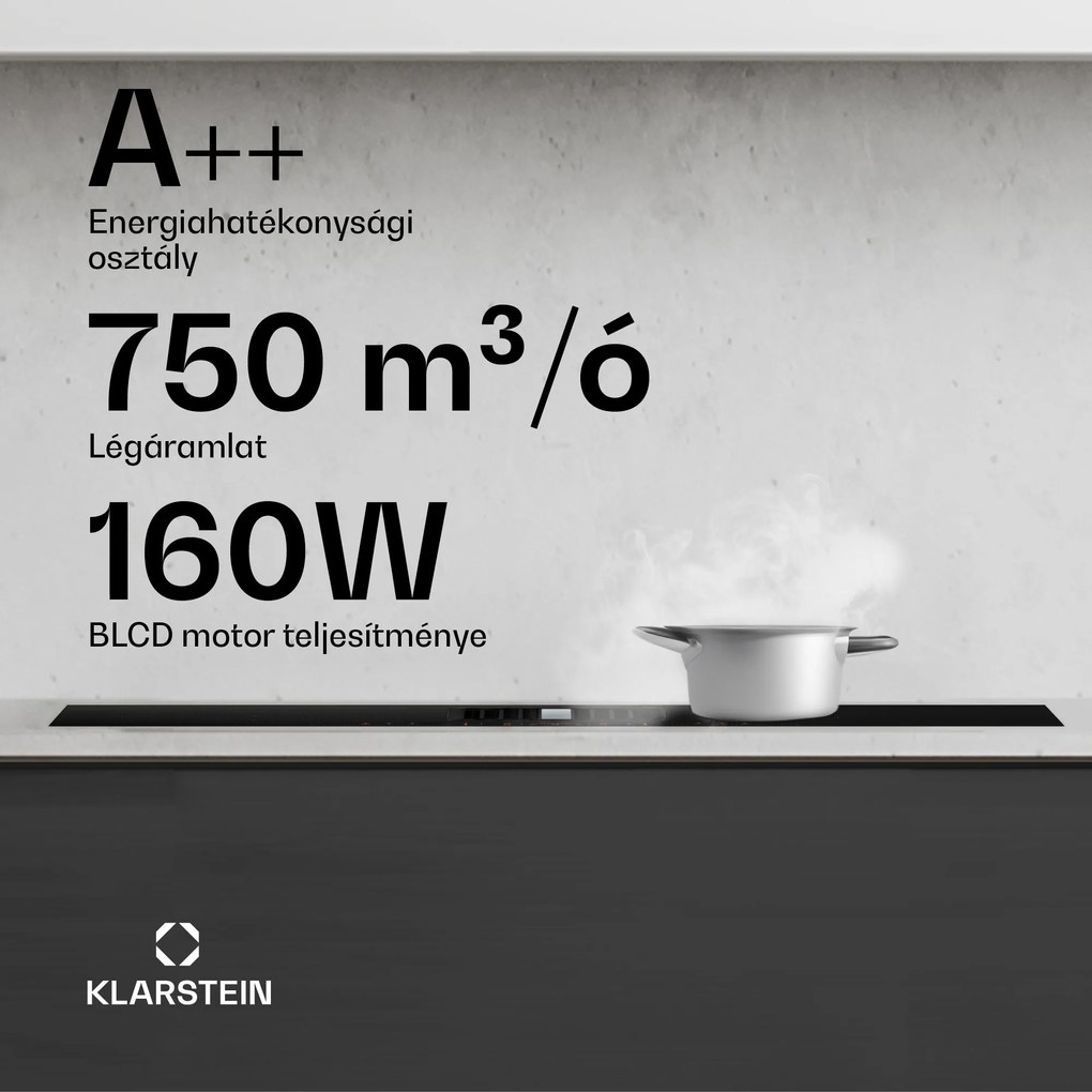 Klarstein AirJet Hybrid Down Air System, Indukciós főzőlap beépített páraelszívóval, 600 m³/h, EEK A+