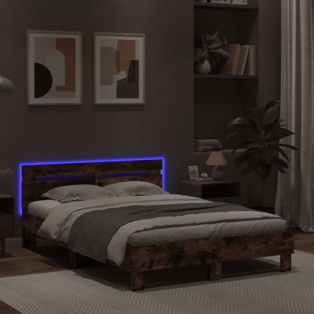 füstös tölgy színű ágykeret fejtámlával és LED-del 120x200 cm