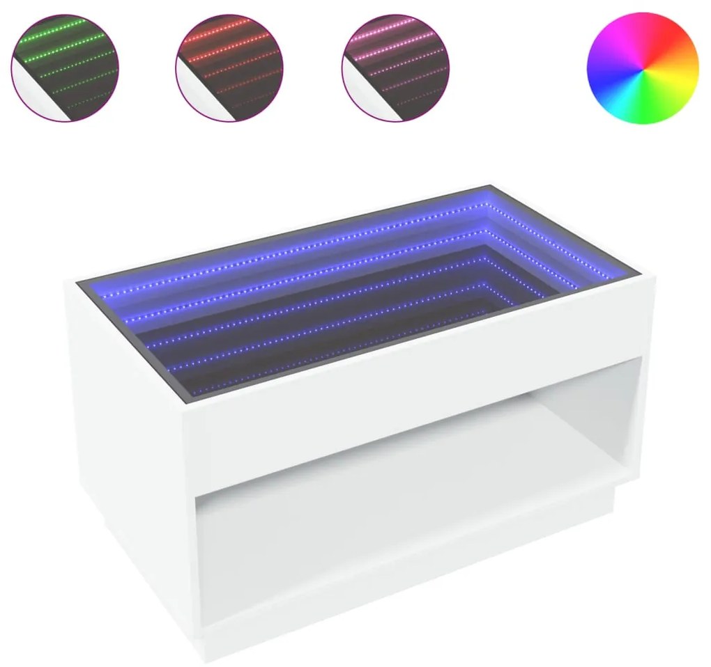 Fehér végtelen hatású LED-es dohányzóasztal 70 x 50 x 50 cm