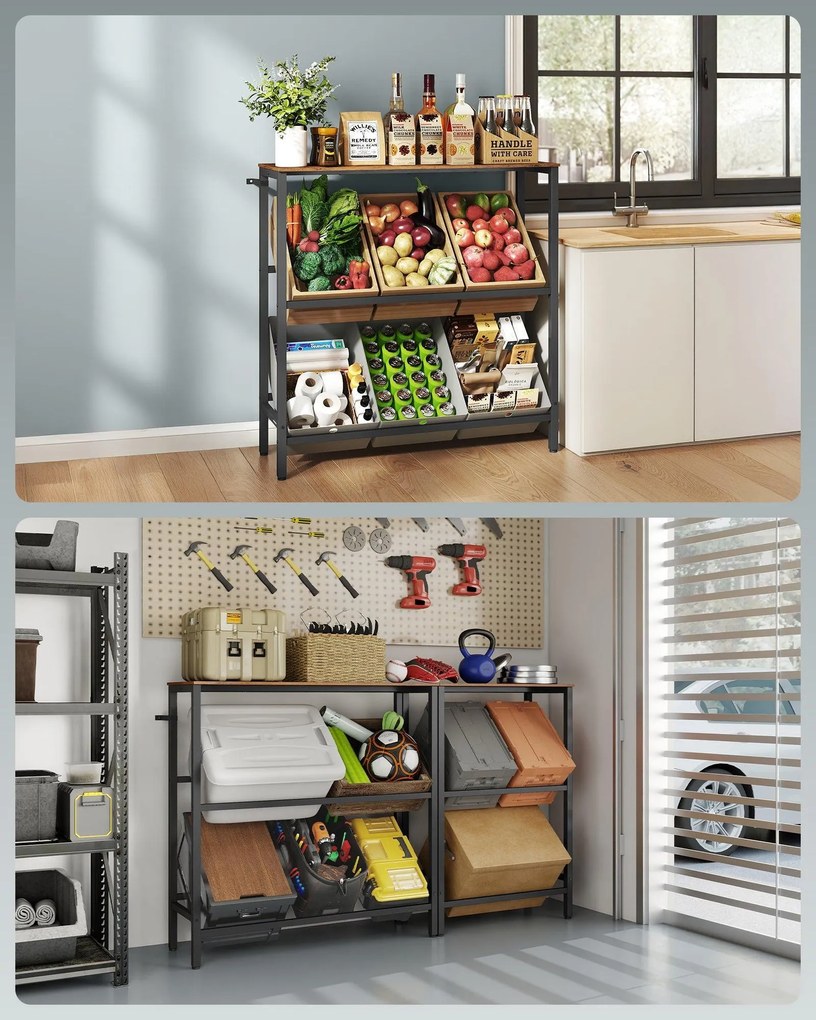 2 szintes, 6 rekeszes acél ital tároló állvány vintage barna és fekete színben