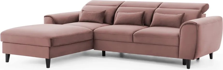 Rózsaszín bársony kinyitható-tárolóhelyes sarokkanapé (bal oldali-heverő résszel) Foble – ELTAP