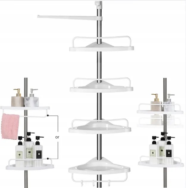 Teleszkópos fürdőszobai zuhanypolc, állítható magasság, fehér