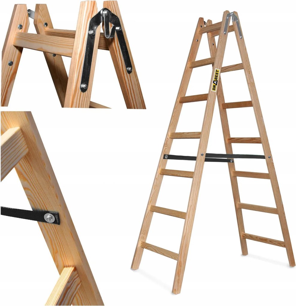 Fából készült kétoldalas festőlétra 2x7 lépcsős Drabest 150kg Kampó