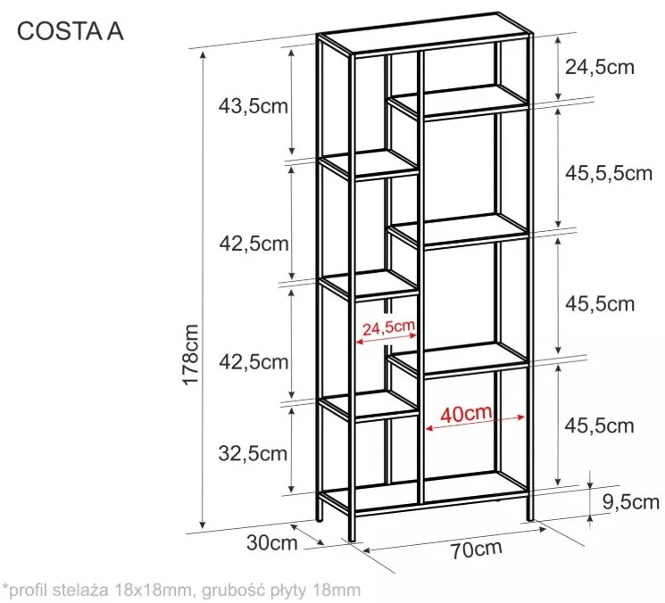 Costa A könyvespolc tölgy, fekete