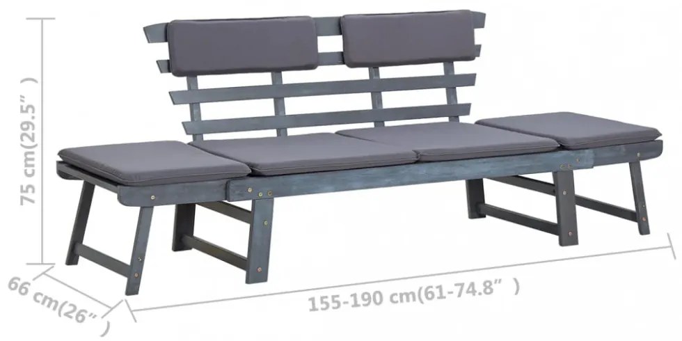 2 az 1-ben szürke tömör akácfa kerti pad párnákkal 190 cm