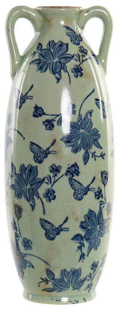 Vintage kék virágos pillangós hosszúkás cserép váza