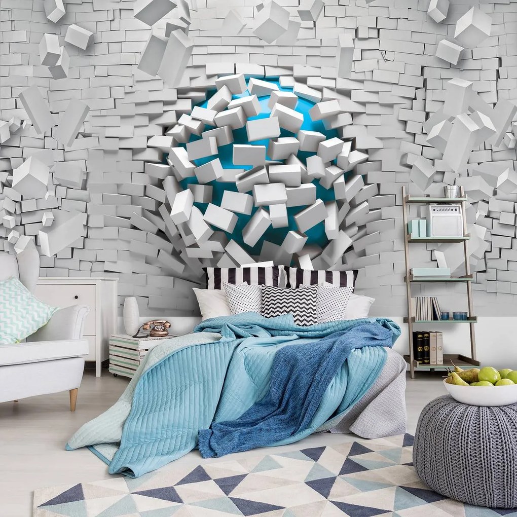 Fotótapéta - 3D kék golyó és fehér téglafal (152,5x104 cm)