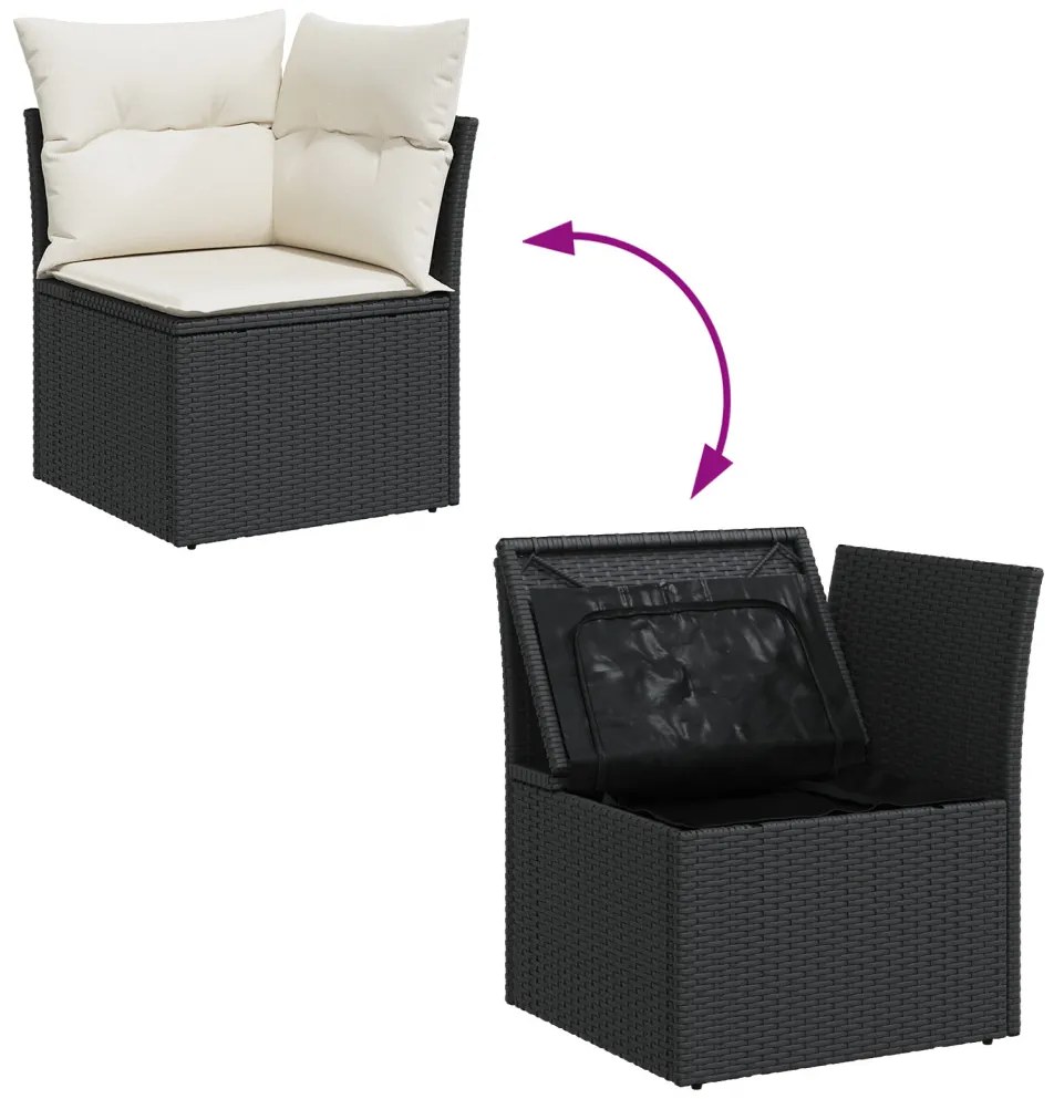 7 Darabos Kerti Kanapészett Párnákkal Fekete Poly Rattan