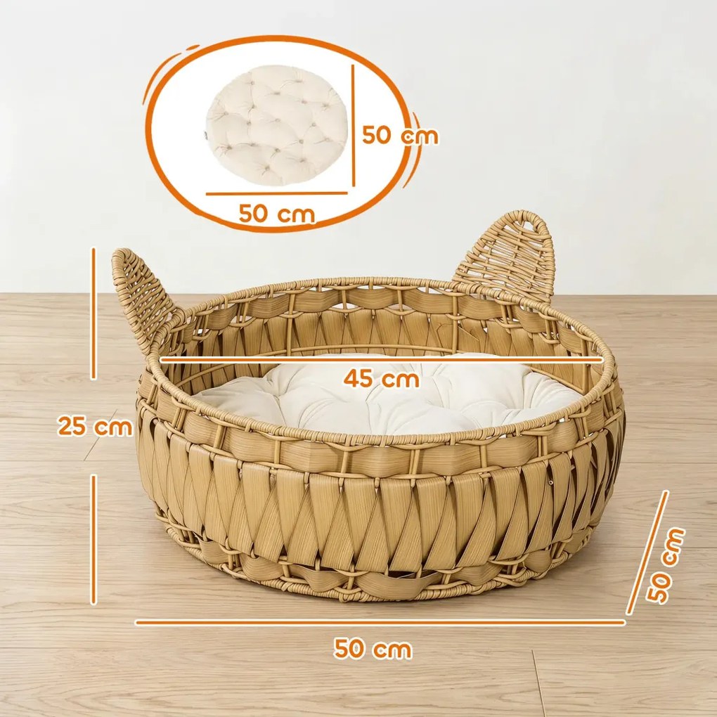 PawHut Rattan macskafekhely, macskabarlang levehető párnával, macskakosár 10 kg-ig, világosbarna