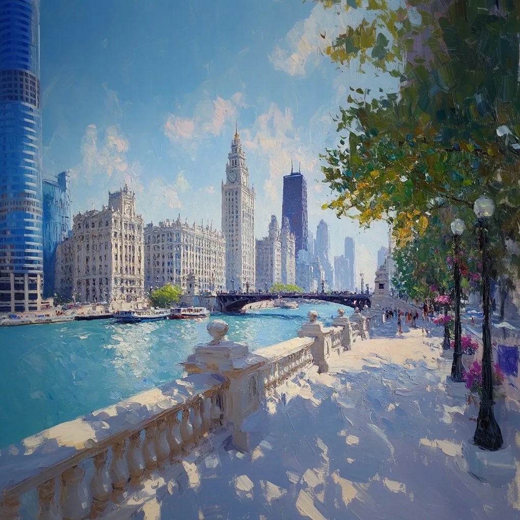 Vászonkép Canvas Város Usa Chicago Folyó Felhőkarcolók Híd Kilátás 40x40