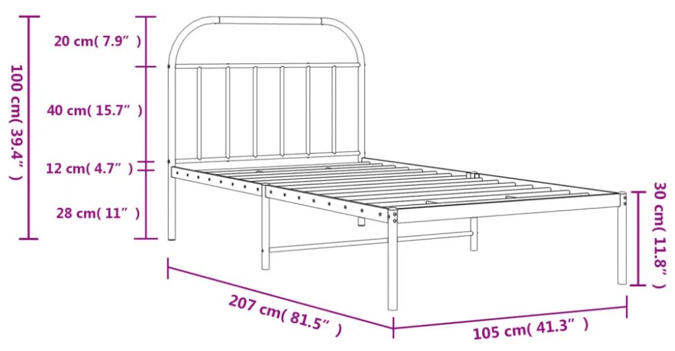 fekete fém ágykeret fejtámlával 100 x 200 cm