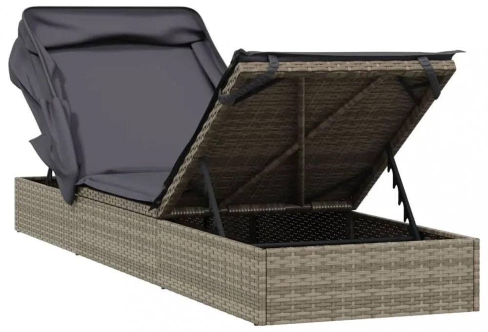 szürke polyrattan napozóágy összecsukható tetővel 213x63x97 cm