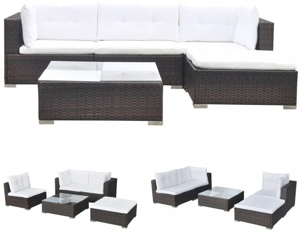 5 részes barna polyrattan kerti bútorszett párnákkal