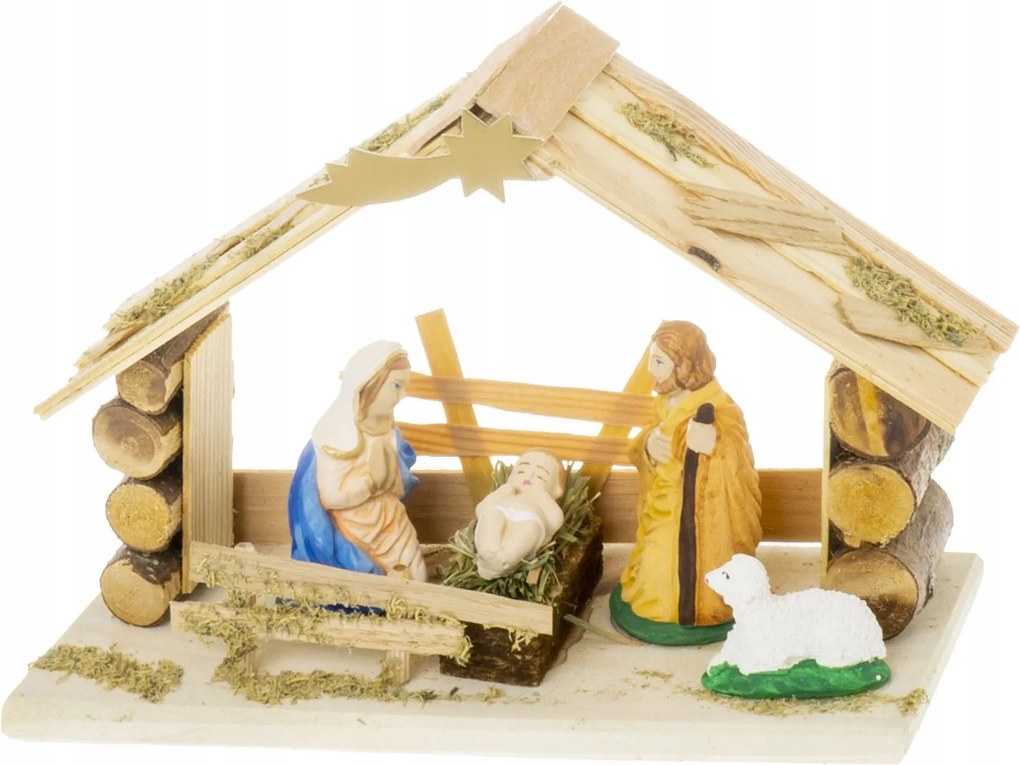 Karácsonyi betlehem Fából készült betlehemi istálló világos fából 16 cm