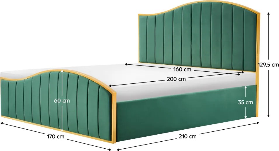 Ágy ráccsal, 160x200, zöld Velvet szövet/gold arany króm, GEORGIA