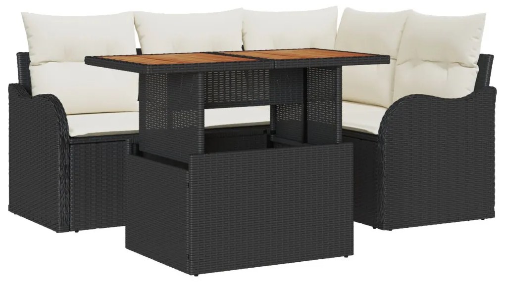 5 Részes Kertbútorszett Párnákkal Fekete Poli Rattan Akáciából, 2 Üléses Kertbútorszett Párnákkal Fekete Poli Rattan