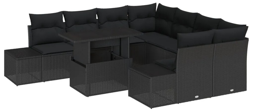 Kerti Kanapé Szett 9-es Szett Fekete Rattan, Poliészter, Üveg