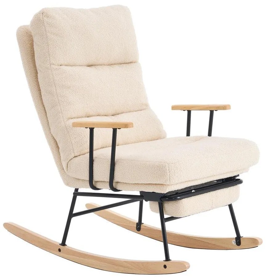 Hintaszék fa lábakkal, plüss szövettel, 4 fokozatban állítható háttámlával, krémfehér