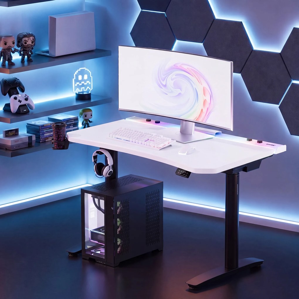 Elektromos RGB gamingasztal tartókkal, fehér-fekete, 140 cm: Diablo X-Forge 1400