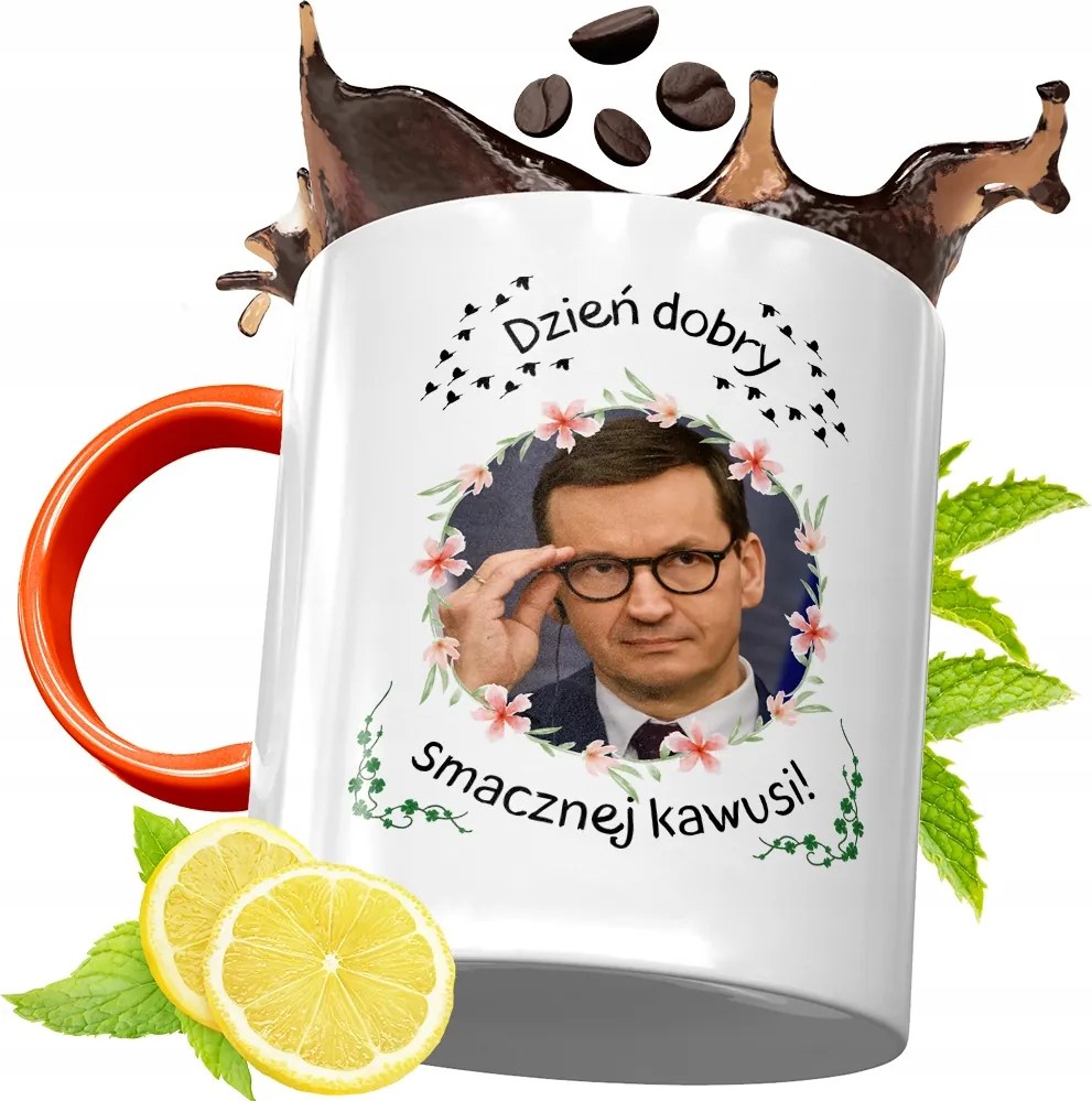 Narancssárga Bögre Mateusz Morawiecki Ajándék fényképes nyomtatással