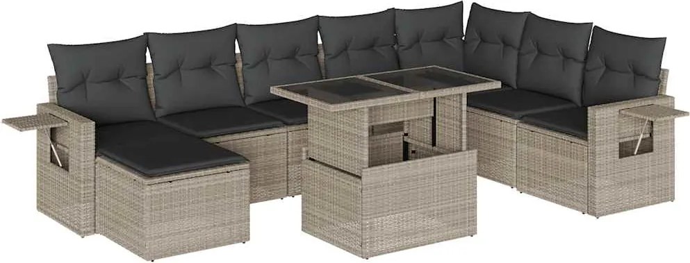 vidaXL 9 részes világosszürke polyrattan kerti ülőgarnitúra párnával