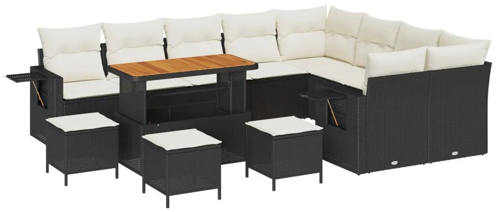 12 darabos Kert Kanapé Szett Párnákkal Fekete Poly Rattan Akác, 3 darabos Kert Étkező Szett Párnákkal Fekete Poly Rattan Akác