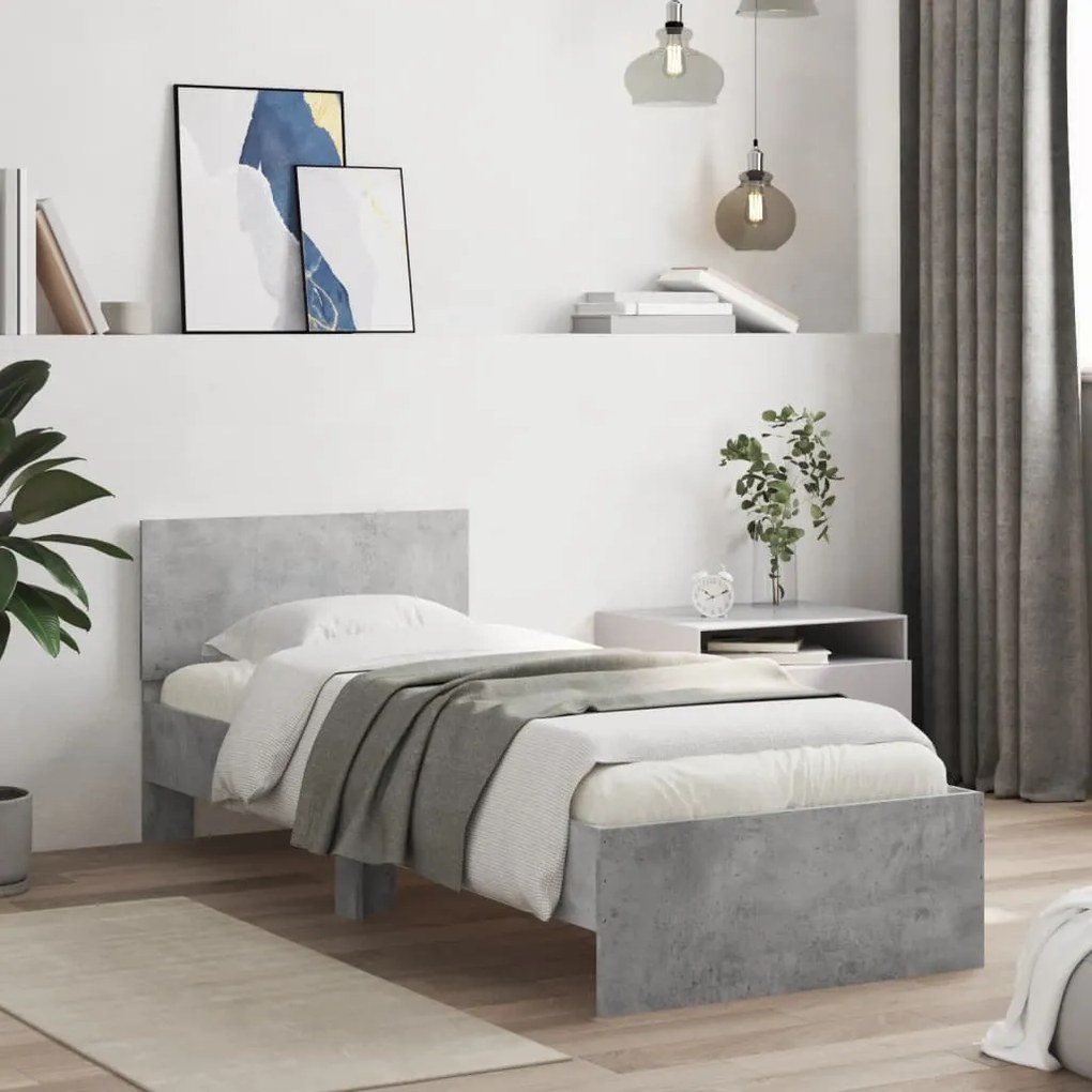 betonszürke szerelt fa ágykeret fejtámlával 90 x 200 cm