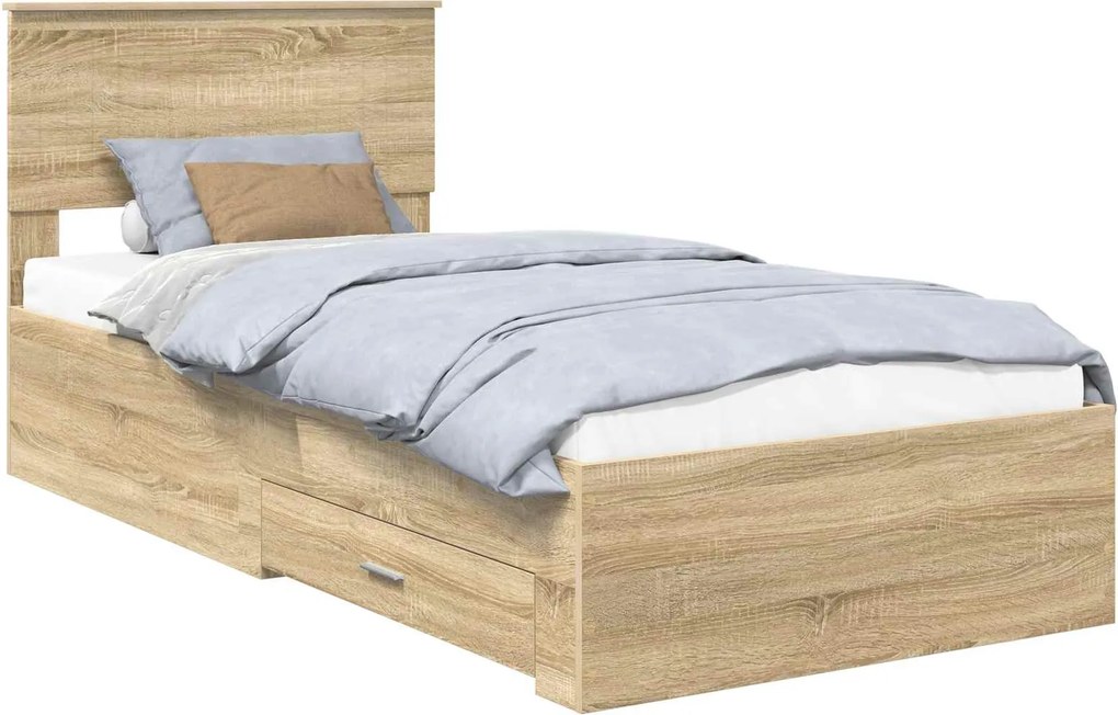 vidaXL Ágykeret fejtámlával fiókkal Sonoma tölgy 90 x 200 cm Faanyag
