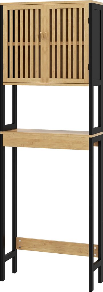 Kleankin WC fölé akasztható fürdőszobai szekrény 2 ajtós szekrénnyel és nyitott polccal 60L x 21.5W x 172H cm bambusz - Természetes fa és fekete | Aos