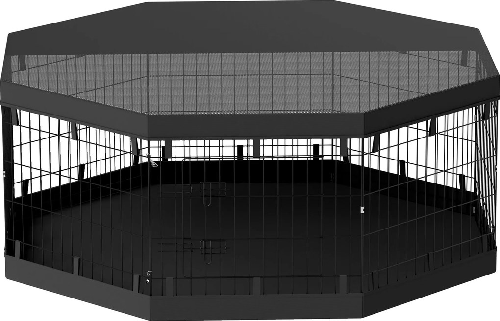 PawHut Kutyajátszótér, Beltéri Kutyakerítés, 8 Hajtható Moduláris Panel, Ajtóval, Felső és Alsó Borítással, Acél, 61 x 61 cm, Fekete | Aosom