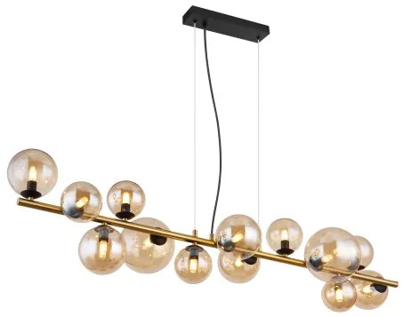 Globo 56135-13H Függeszték fém matt fekete, fém matt sárgaréz, üveg borostyán, kábel PVC átlátszó, HxSzxM: 1200x345x1200mm, üveg átmérő: 6x10cm, 5x12cm, 2x15 cm, benne 13x G9 LED 3.5W 230V, 350lm forrás, 290lm kimenet, 3000K,