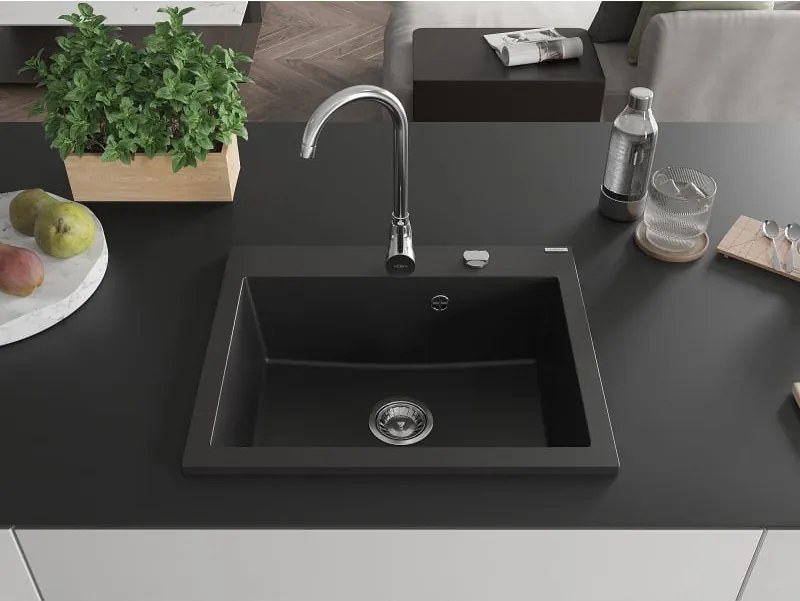 Mexen Elix gránit mosogató 1-medencés 600 x 500 mm, fekete, króm szifon - 6525601005-77