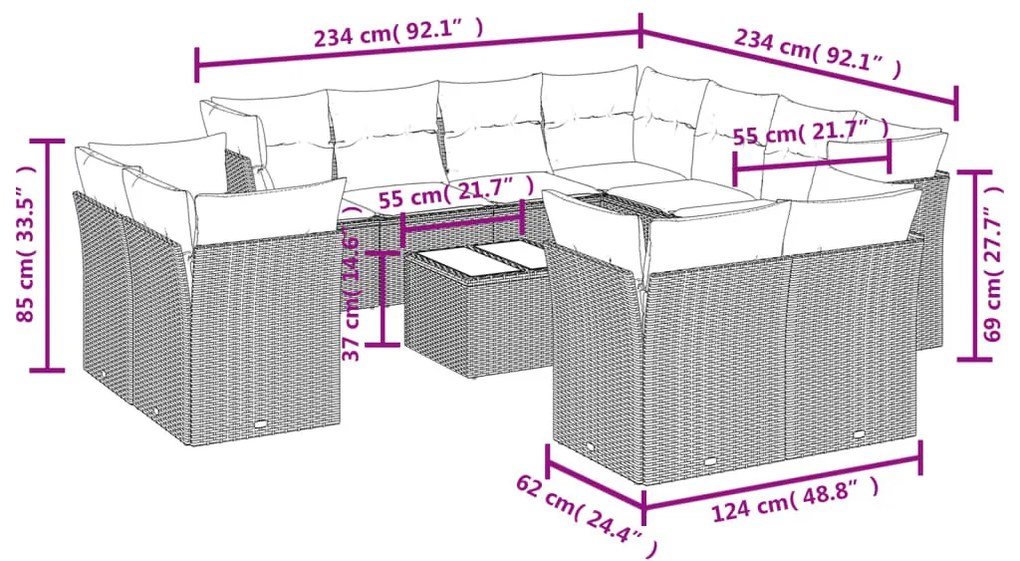 12 részes világosszürke polyrattan kerti ülőgarnitúra párnával