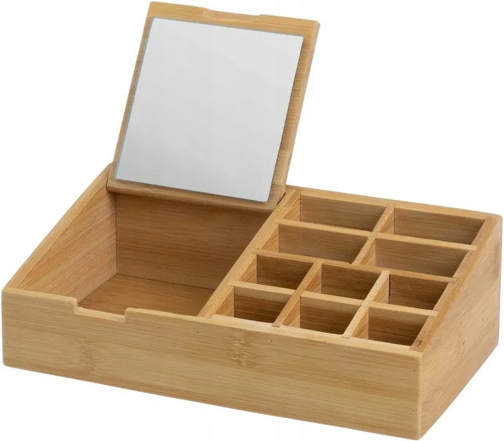 Ékszerdoboz Kozmetikai Bambusz Tükörrel Rekeszekkel Rendszerező