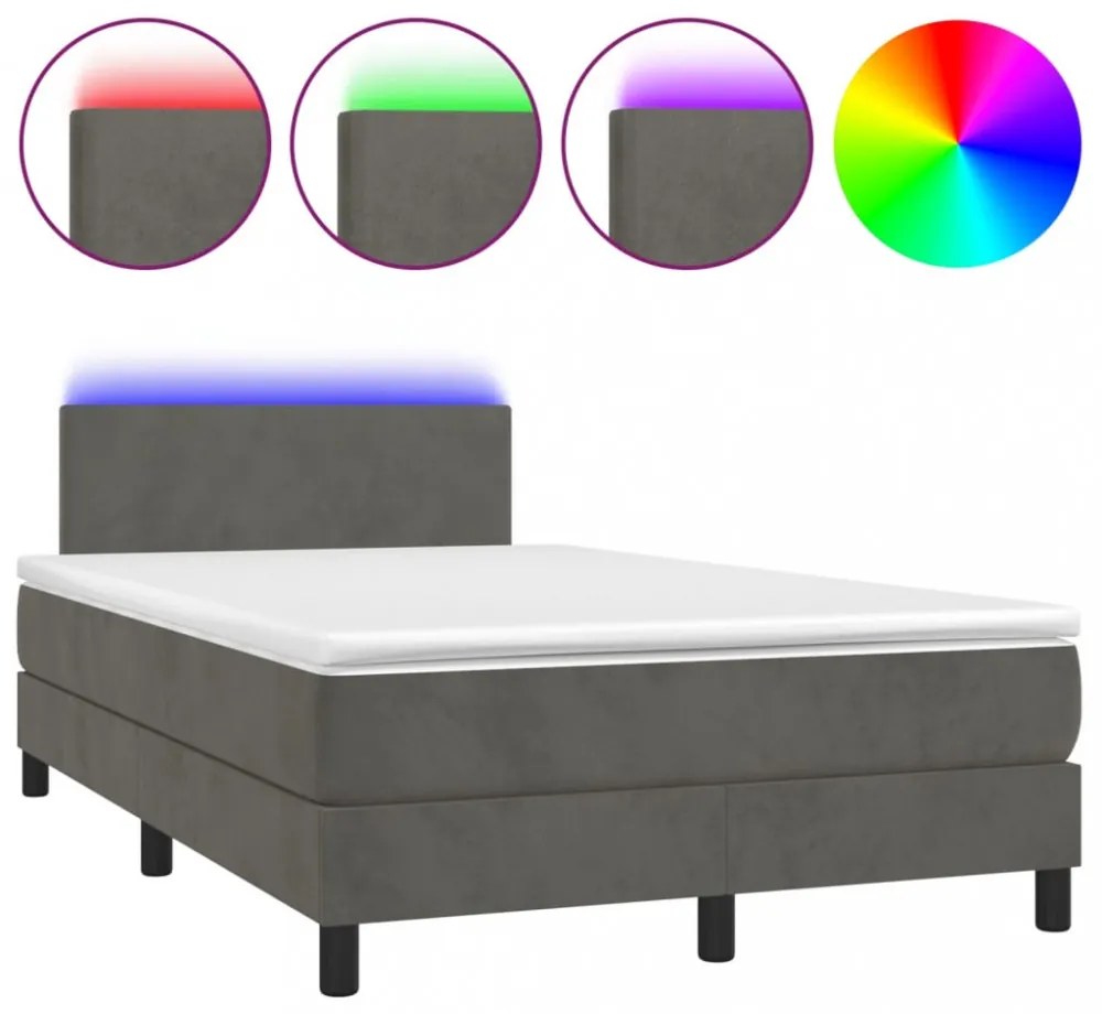 sötétszürke bársony rugós és LED-es ágy matraccal 120x200 cm