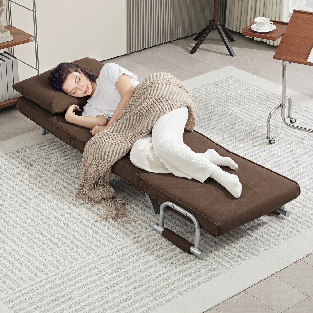 HOMCOM Egyszemélyes Átalakítható Fotel Kanapéágy Levehető Üléshuzattal, Nagy Kényelemmel, Párnával, Fém Karfa Suede Barna | Aosom