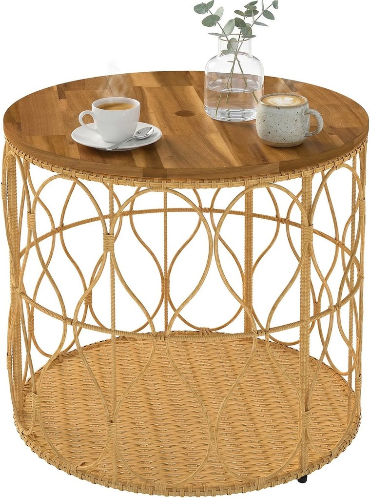 Outsunny kerek kisasztal Ø50 cm — időjárásálló rattan hatás, akácfa asztallap, állítható lábak, 80 kg teherbírás — Teak | Aosom