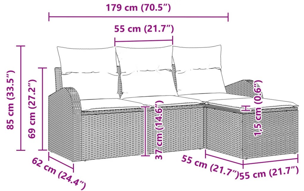4 Darabos Kert Kanapé Készlet Párnával Barna Poli Rattan