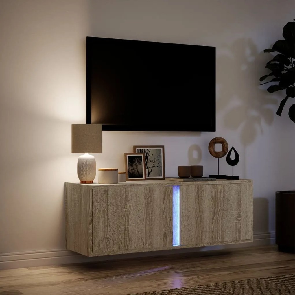 sonoma tölgy színű fali TV-szekrény LED-ekkel 100x31x35 cm