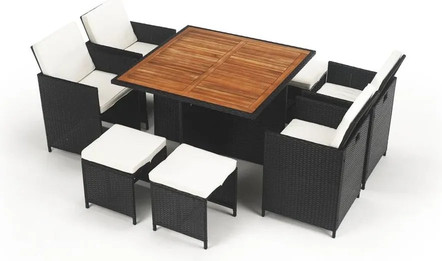 Kerti rattan szett, akácfa, fekete/krémszínű/természetes, MELFORD
