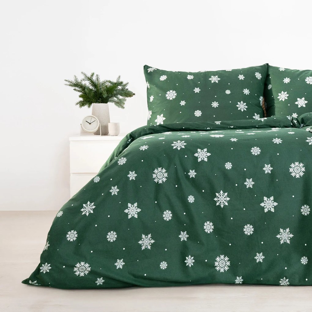 Goldea flanel ágyneműhuzat - hópelyhek zöld alapon 140 x 200 és 70 x 90 cm