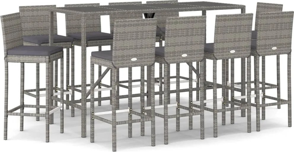vidaXL 11 részes szürke polyrattan kerti bárszett párnákkal