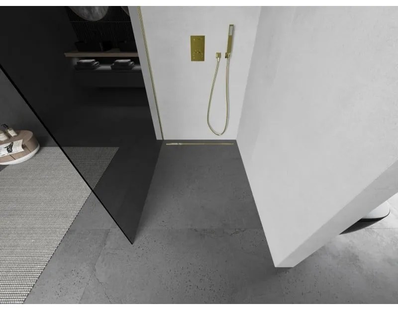 Mexen Kioto, Walk-In zuhany paraván 110 x 200 cm, 8mm szürke üveg, arany matt profil, 800-110-101-55-40
