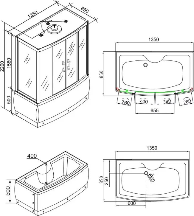 Emilia 135 Hidromasszázs Kádkabin elektonikával Black