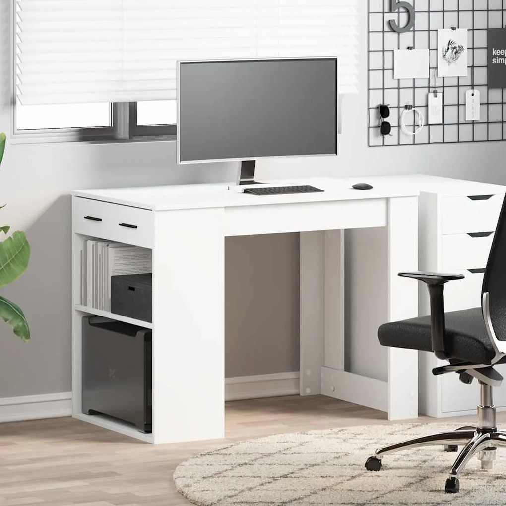 íróasztal fiókkal és polccal fehér 102x62x77,5 cm gépelt fa