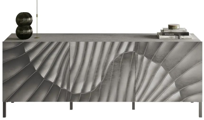 SNAKE háromajtós komód, betonhatású testet és szürke, díszített mintázatú előlapokkal