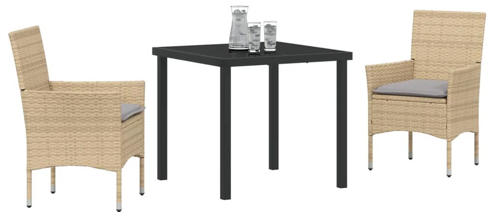 3 darabos Kerti Étkezőszett Párnákkal Bézs Műanyag Rattan, Kerti asztal Fekete 80x80x73 cm Edzett üveg