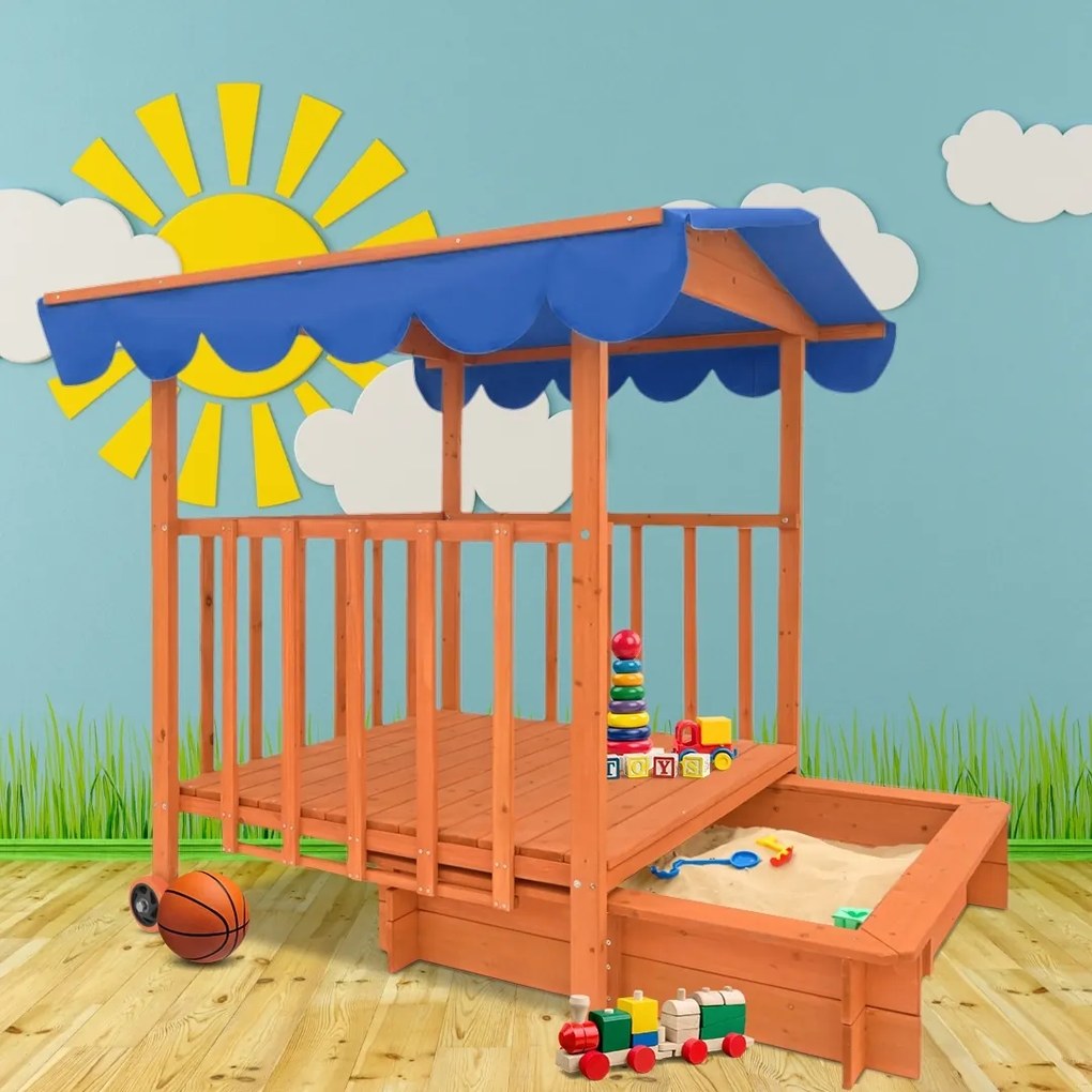 HAPPY verandás homokozó, 130x130x143cm, barna/kék Jurhan