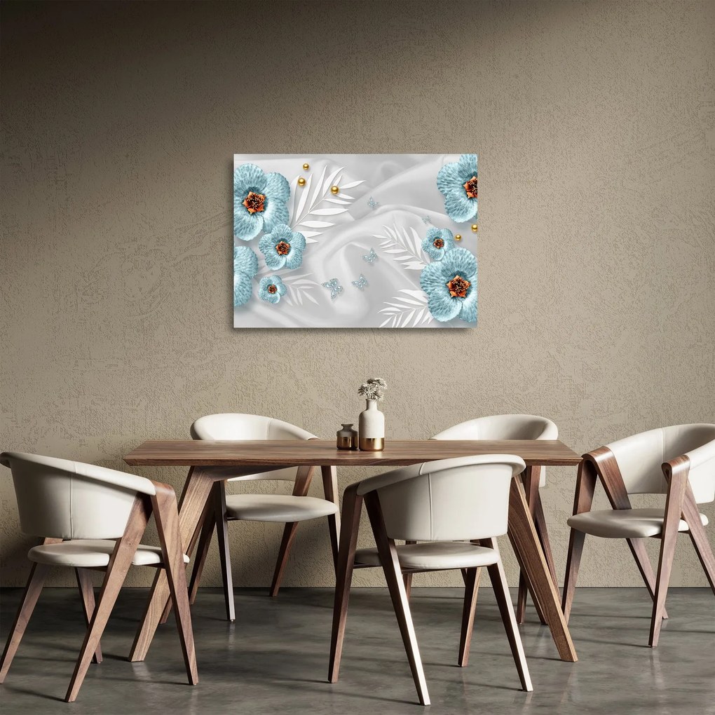 Kép - 3D kék virágok (üvegen) (70x50 cm)