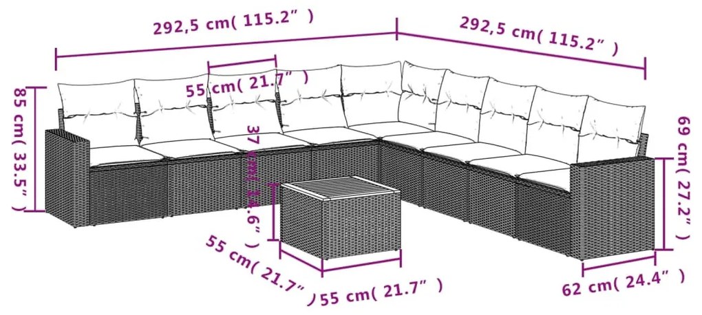 10 részes fekete polyrattan kerti ülőgarnitúra párnákkal